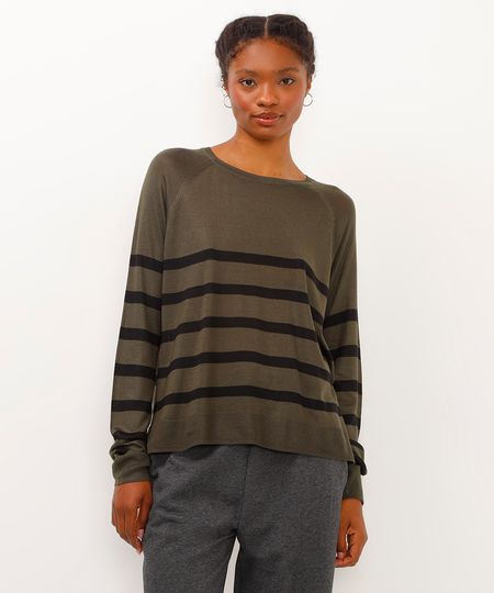 blusa de tricot listrada manga longa verde militar M