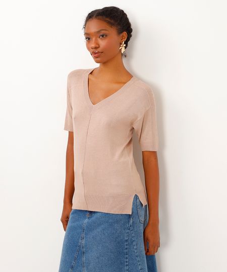 blusa de tricot decote v manga curta bege PP