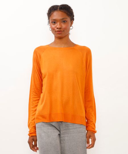blusa de tricot reta manga longa laranja PP
