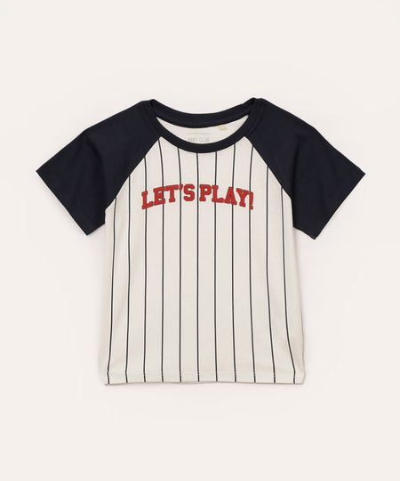 camiseta de algodão infantil listrada raglan branca 1