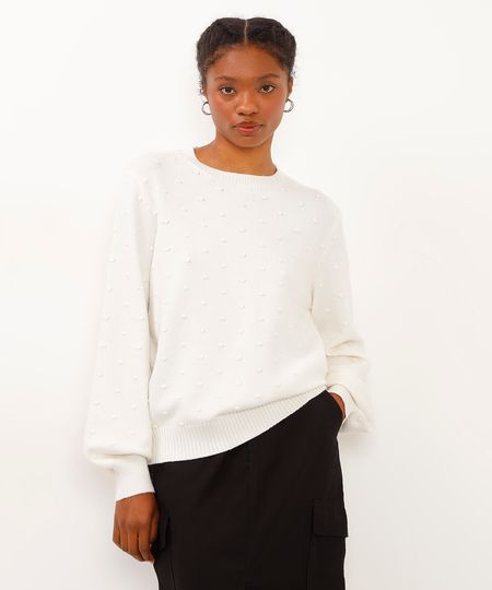 blusa de tricot manga bufante texturizada em poá off white GG