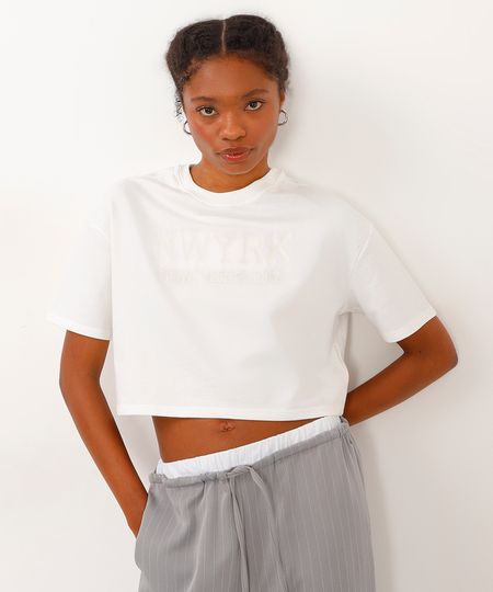 camiseta de moletinho cropped new york city off white P camiseta de moletinho cropped new york city off white P