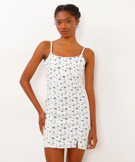 vestido de algodão curto alça fina floral off white M