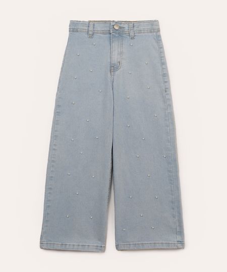 calça jeans wide leg infantil pérolas azul claro 4