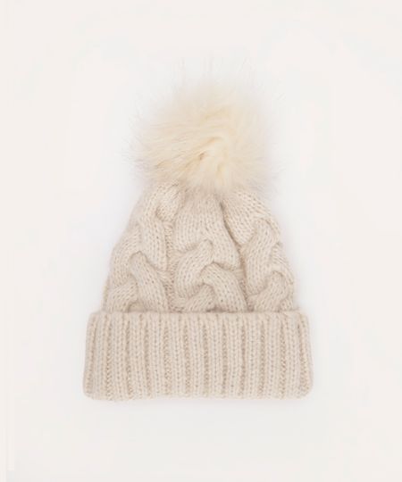 gorro de tricot juvenil com pompom bege UNICO