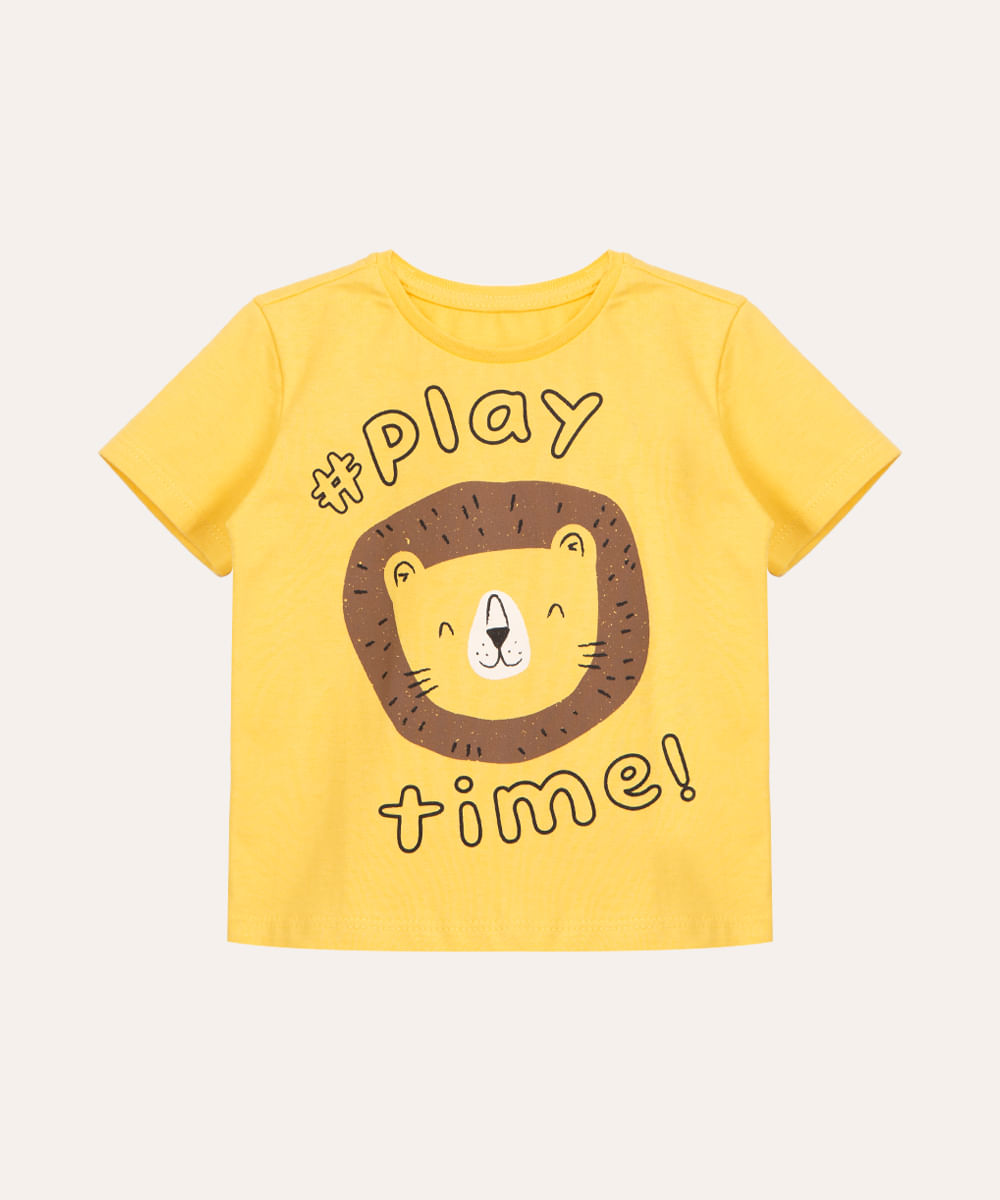 camiseta infantil de algodão manga curta leão amarelo