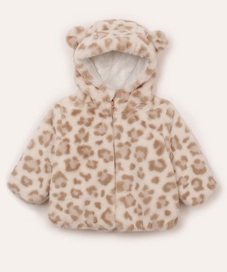 casaco infantil de pelúcia com capuz animal print off white 0-3