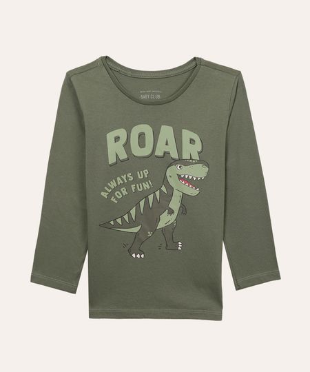 camiseta de algodão infantil manga longa dinossauro verde 2