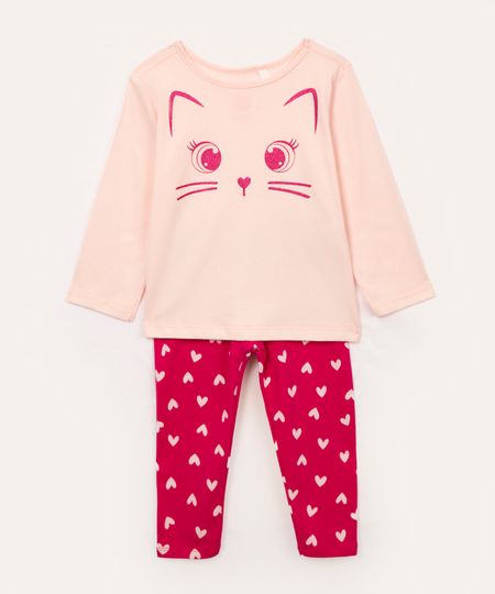 conjunto infantil longo gatinho rosa claro 2