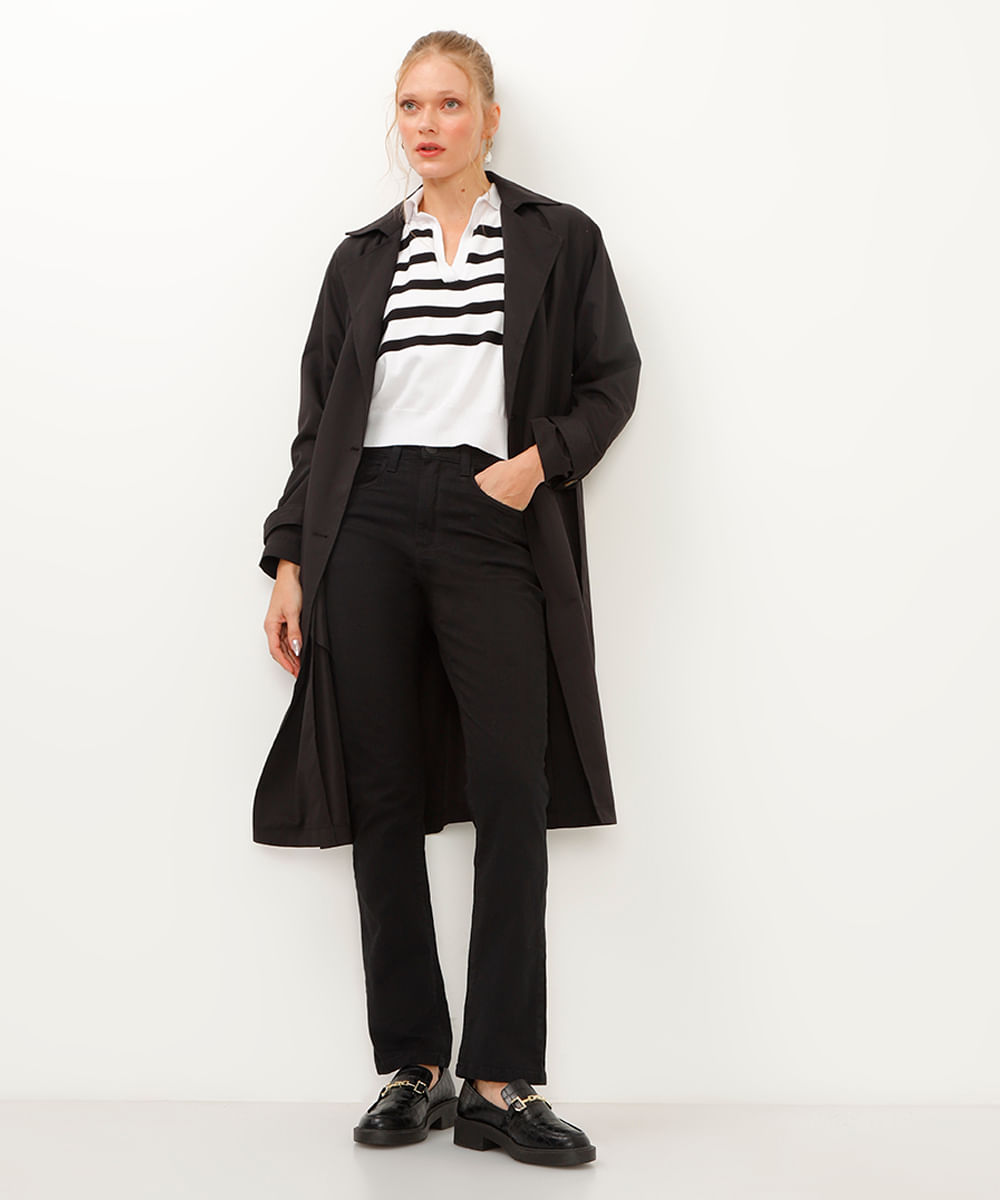 calça de sarja reta cintura alta preta