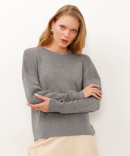 suéter de tricot manga longa com lurex - cinza médio PP suéter de tricot manga longa com lurex - cinza médio PP