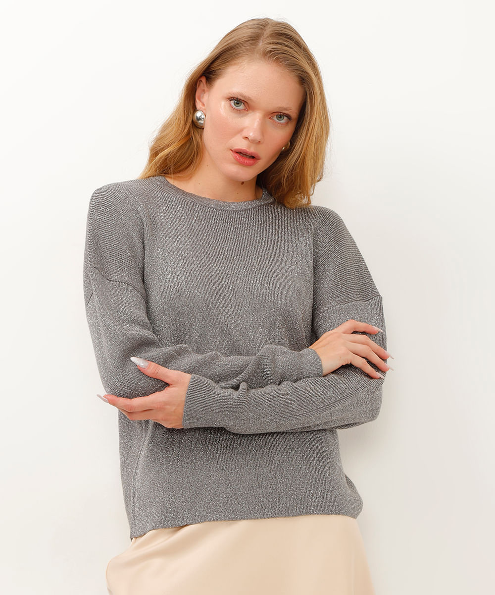 suéter de tricot manga longa com lurex - cinza médio
