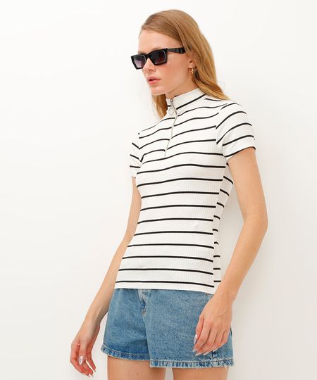 camiseta de viscose canelada com zíper listrada off white PP camiseta de viscose canelada com zíper listrada off white PP