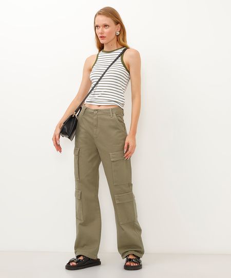 calça de sarja wide leg cargo cintura alta verde militar 46