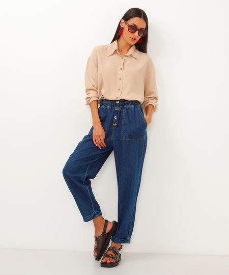 calça jeans clochard cintura super alta com botões azul 34