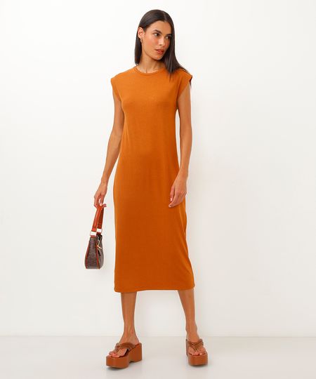 vestido midi básico canelado muscle tee preto - marrom medio M