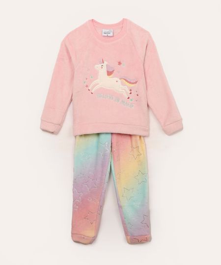 pijama de pelúcia infantil longo unicórnio rosa 8