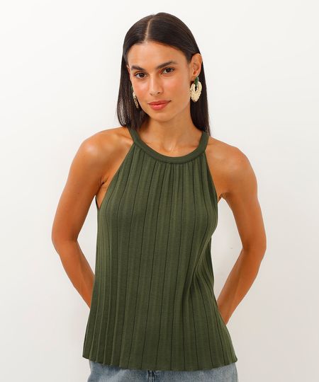 regata de tricot halterneck plissada verde militar PP