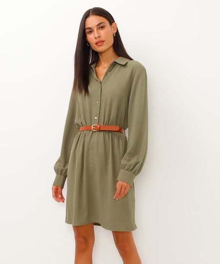 vestido chemise texturizado com cinto verde militar P