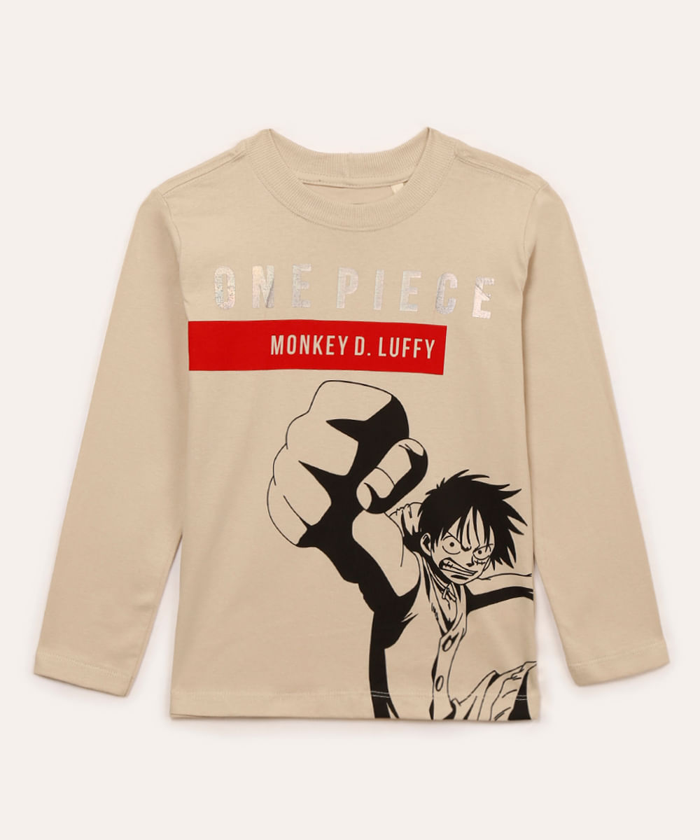 camiseta de algodão infantil one piece manga longa bege