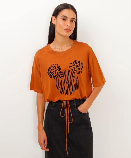 camiseta de viscose cropped com amarração mickey marrom PP