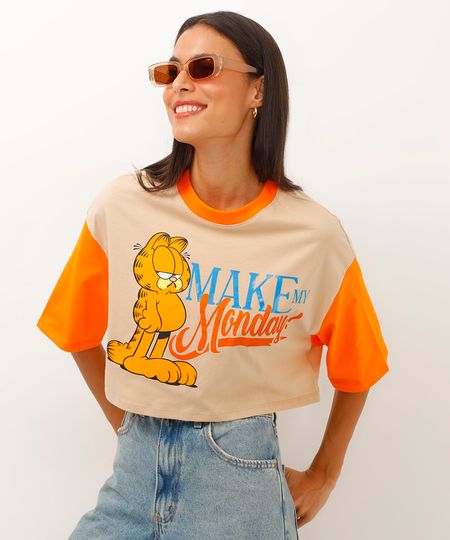 camiseta de algodão cropped bicolor garfield bege GG