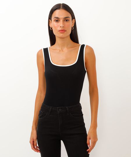 body de viscose alça média bicolor preto G