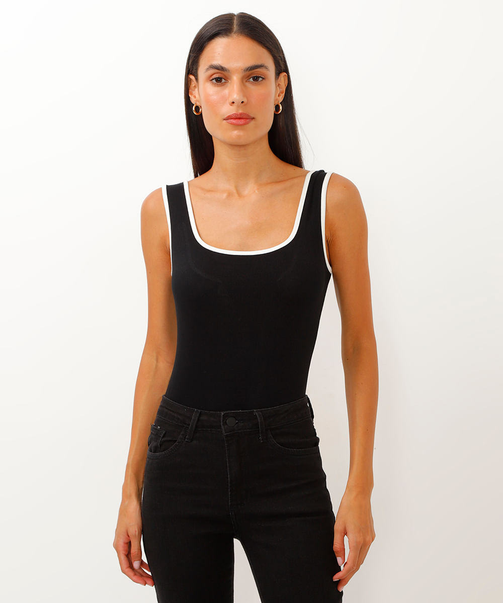 body de viscose alça média bicolor preto