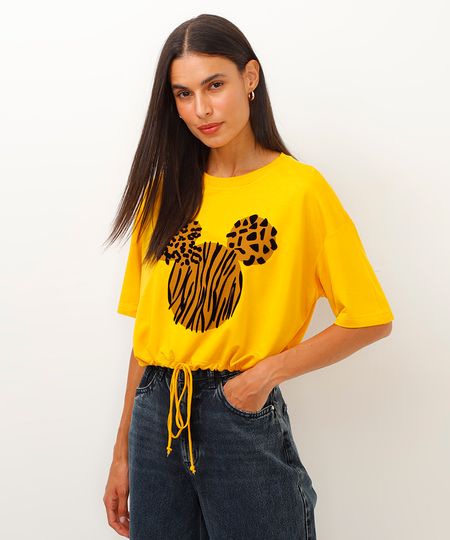 camiseta de viscose cropped com amarração mickey amarelo P