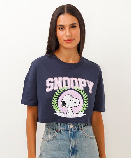 camiseta de moletinho cropped snoopy azul marinho P