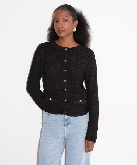 cardigan de tricot bolsos decorativos mindset preto PP