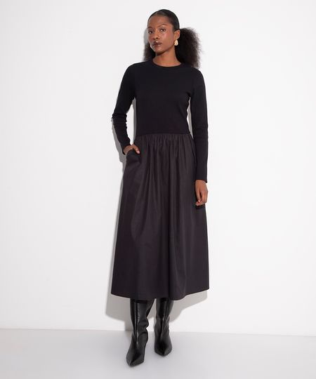 vestido de algodão manga longa com saia volumosa mindset preto G