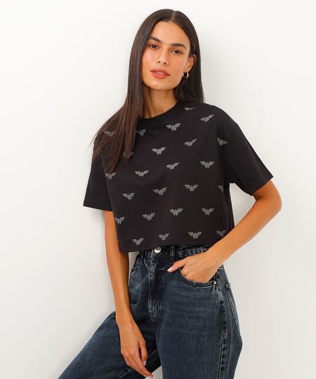 camiseta de algodão cropped mulher maravilha preta G camiseta de algodão cropped mulher maravilha preta G