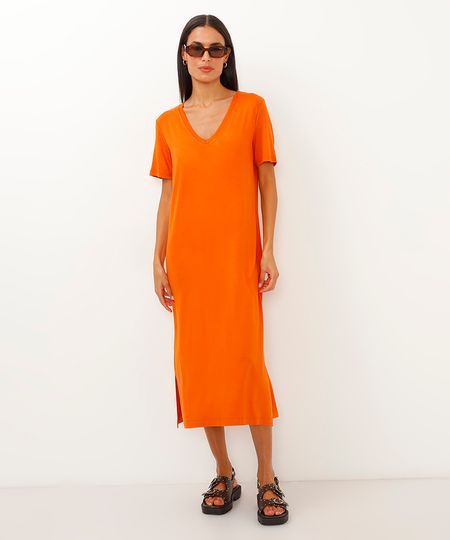 vestido midi básico de viscose decote v laranja M