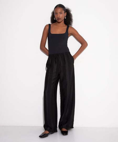 calça wide leg acetinada listrada mindset preta P