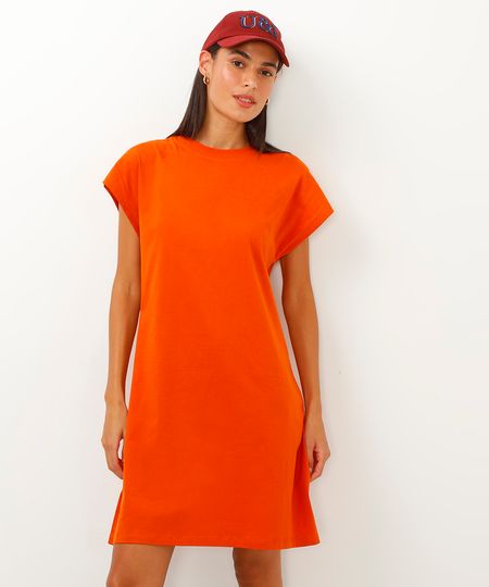vestido curto básico manga curta laranja PP