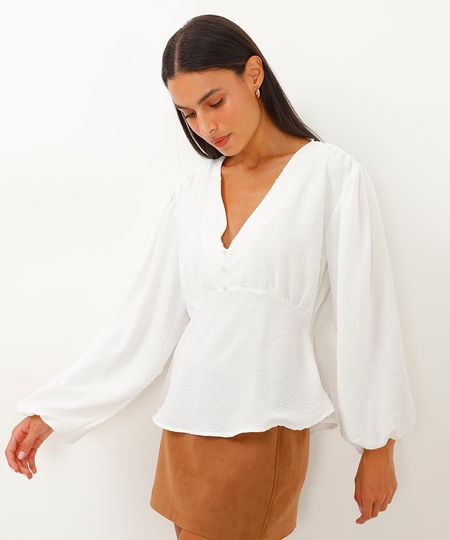 blusa manga bufante com textura em poá off white P