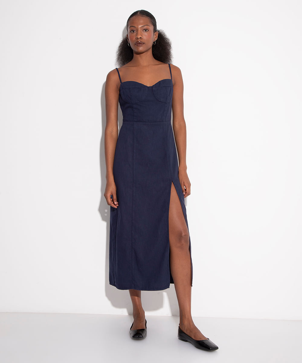 vestido midi com fenda mindset azul