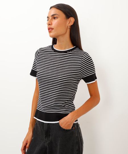 blusa de tricot listrada manga curta preto PP