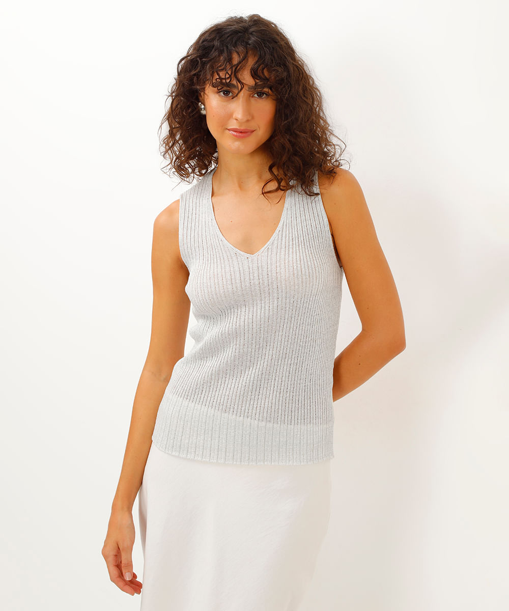 regata de tricot lurex decote v prata