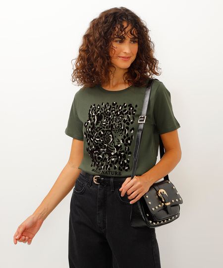 camiseta de algodão manga curta animal print verde militar PP