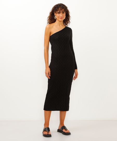 vestido midi de tricot ombro único texturizado preto P