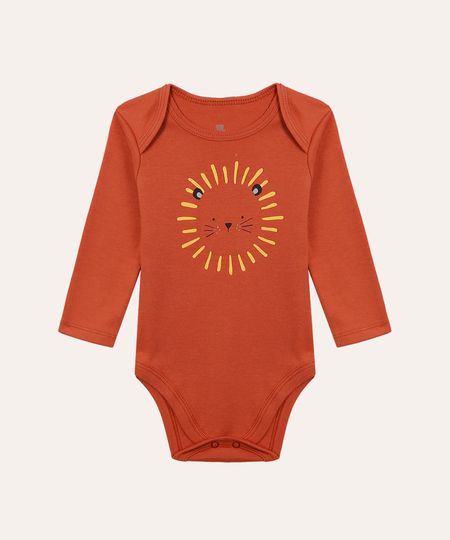 body de algodão manga longa infantil leãozinho marrom 3-6