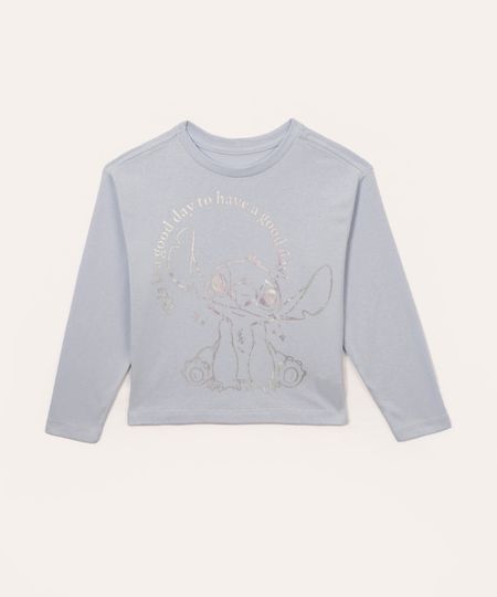 camiseta de algodão manga longa infantil stitch holográfico azul 8