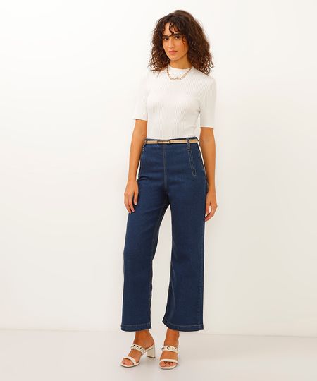 calça jeans wide leg cropped com cinto azul 38