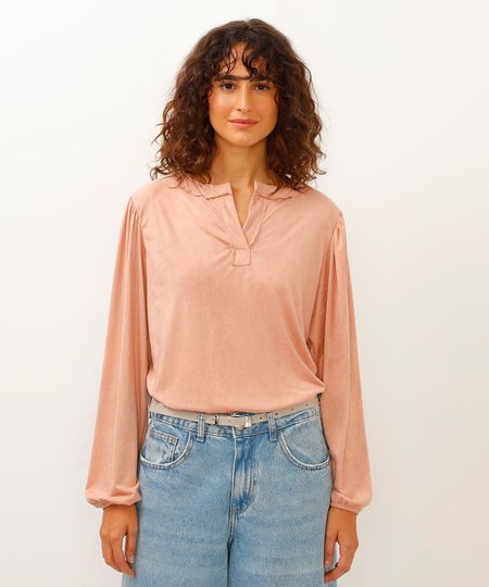 blusa de suede gola clássica manga bufante rosa PP blusa de suede gola clássica manga bufante rosa PP