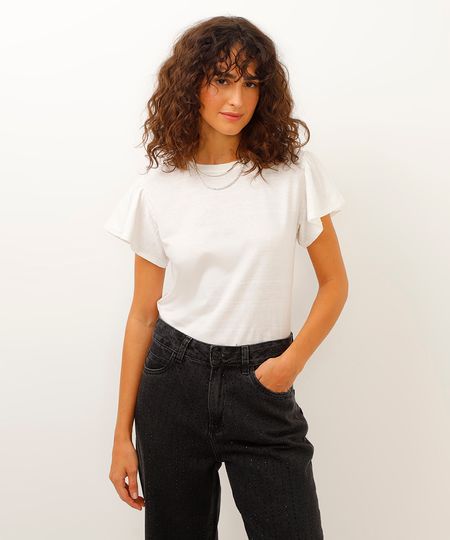 camiseta de algodão texturizada manga curta babado - off white P