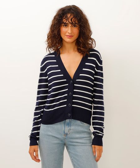 cardigan de tricot cropped listrado - azul marinho GG cardigan de tricot cropped listrado - azul marinho GG