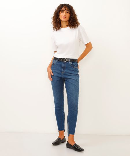 calça jeans skinny cintura super alta barra assimétrica azul 36