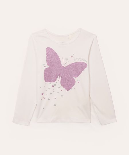 camiseta de algodão infantil borboleta manga longa off white 12